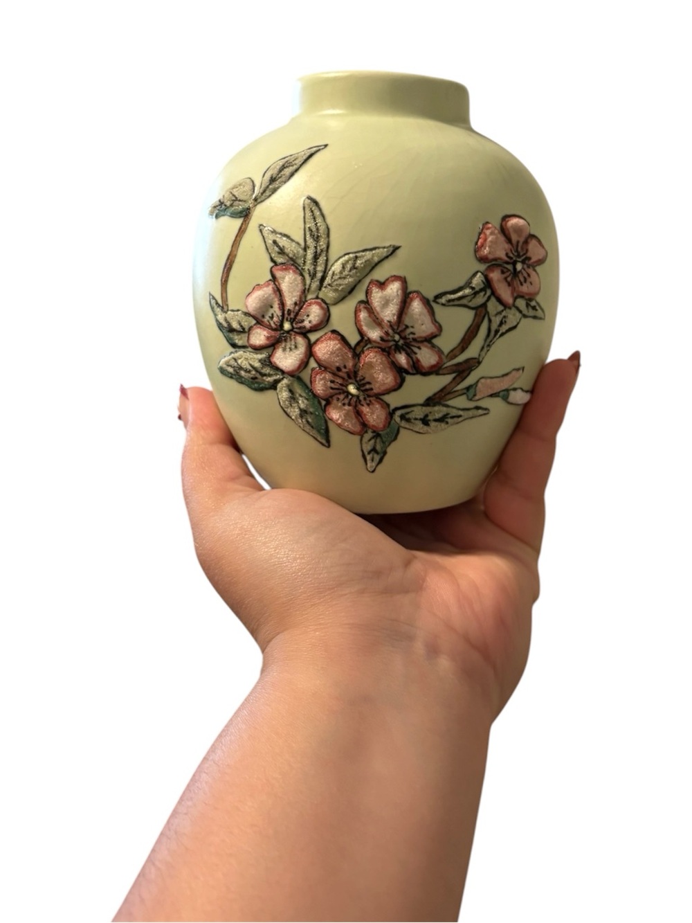 Cream Ceramic Floral Accent Vase with Pink Blossom Motif